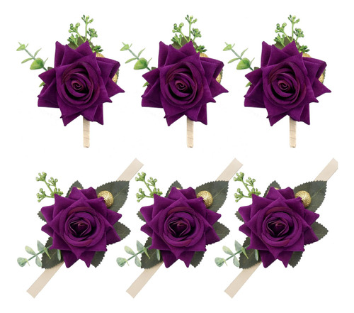 Ciandid Juego 6 Ramillete Boutonniere Muñeca Rosa Morada 3