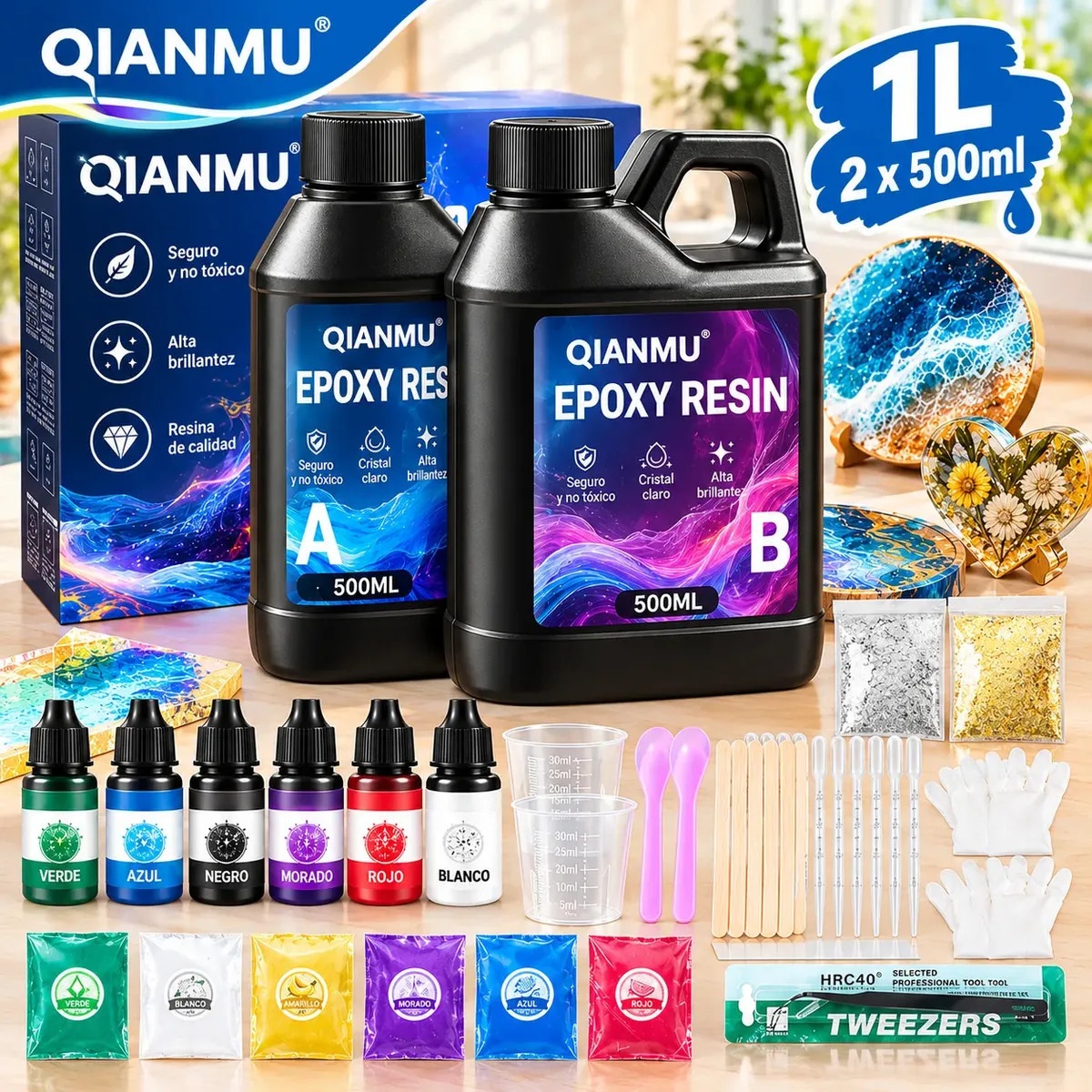 QIANMU-1L Kit Resina UV Epoxi Transparente Con Accesorios Para Manualidades,1:1 Antiburbujas y No Amarillea,Polvo De Mica Multicolor Y Colorantes,Resina Liquida Mezcla de colores D