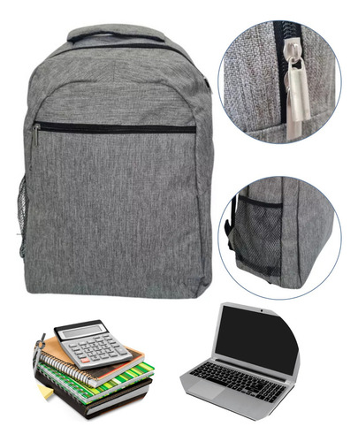 Mochila Urbana Universitaria Colegial Porta Notebook Trabajo Color Gris Diseño De La Tela Liso