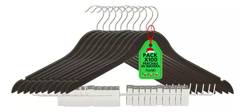 Perchas X100 De Madera Con Broches Color Negro Lustradas