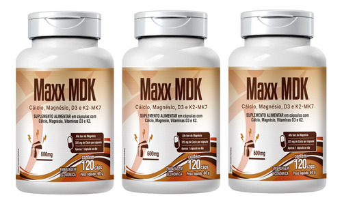 Maxx Mdk 3x 120 Cápsulas Cálcio Magnésio Vit. D3 + K2 1/dia