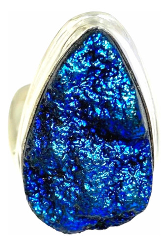 Anillo Plata India Cuarzo Titanio Drusa Azul 100% Natural 