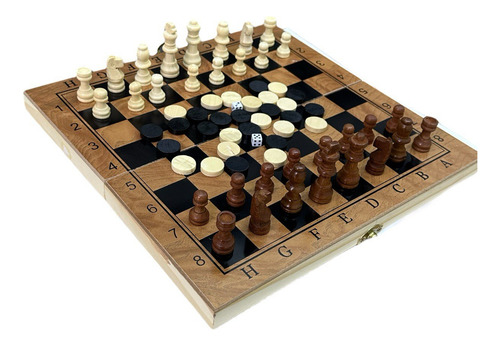 Juego Ajedrez Damas Y Backgammon 3 En 1 Piezas De Madera