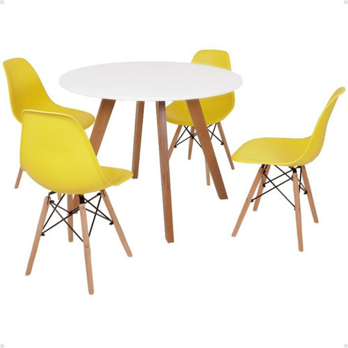 Mesa Inês 100cm Branca + 4 Cadeiras Eames Eiffel Cor Amarela