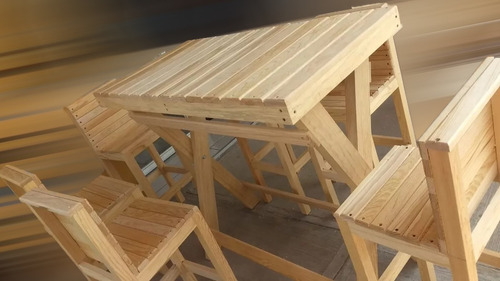 Imagen 4 de 4 de Mesa Alta Periquera Con 6 Bancos Jardín Terraza Comedor Pino