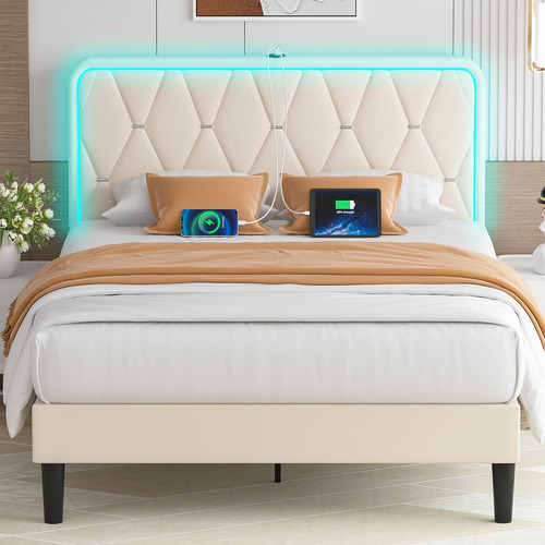Base De Cama Individual Vecel Beige Con Luz Led