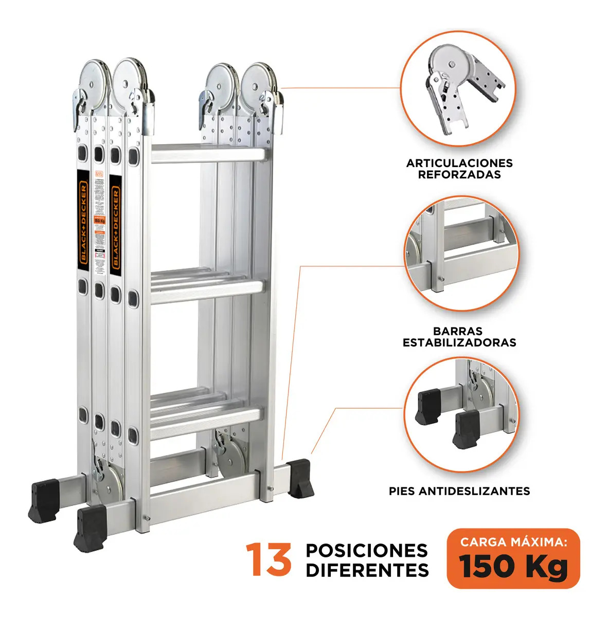 Escalera Articulada Black + Decker 12 Escalones 4x3 150 Kg Profesional