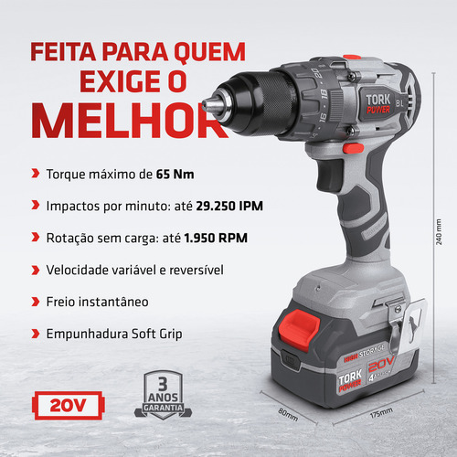Parafusadeira Furadeira De Impacto Industrial 20v Sem Fio Com Maleta 2 Baterias 127/220V Super Tork