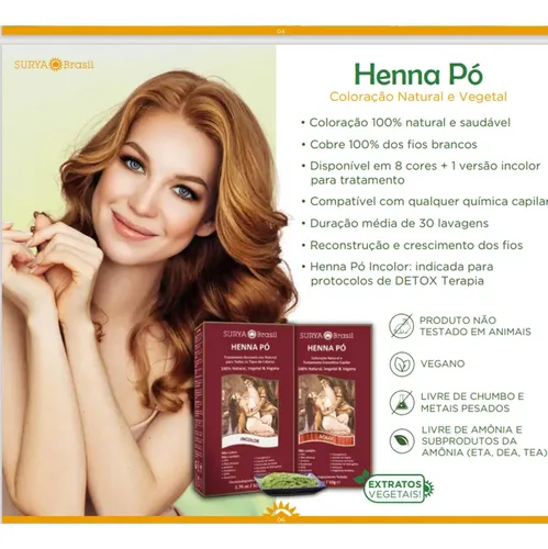 Henna Em Pó Vermelho 50g Surya Brasil Cobre Os Fios Brancos