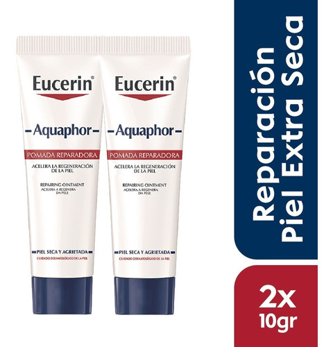 Pomada reparadora Eucerin Aquaphor 10 ml. 2 unidades. Horário de aplicação Dia/Noite Tipo de pele extremamente seca e/ou rachada
