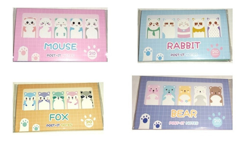 Set 4 Notas Adhesivas Banderitas Animalitos Kawaii