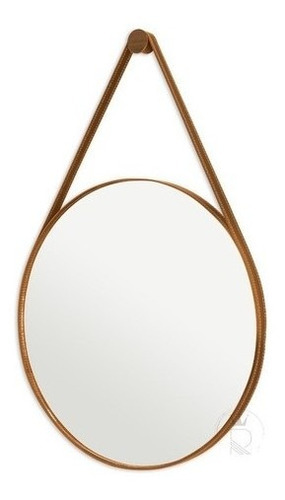 Espelho Redondo Decorativo 60cm Alça De Couro Costura Branca Cor da moldura Caramelo