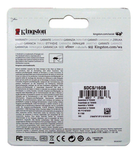 Memoria Micro Sd Hc Kingston 16gb Clase 10 Canvas Select Sel