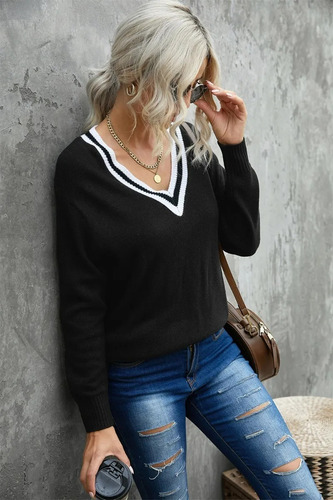 Suéter Para Mujer Cuello V Color Negro Con Blanco Moderno 