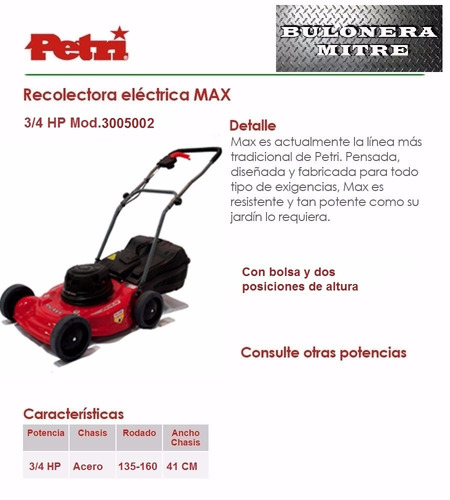 Recolectora De Césped Petri 3/4 Hp S/reg 1300 Watts