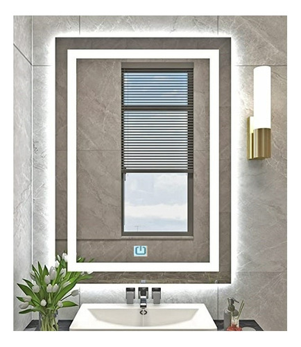 Espelho Jateado Iluminado Com Led E Touch Screen 100x60cm Moldura Branco Frio 6000k Na Horizontal