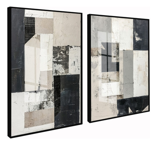 2 Quadros Decorativos Abstrato Geométrico Preto Cinza Vidro