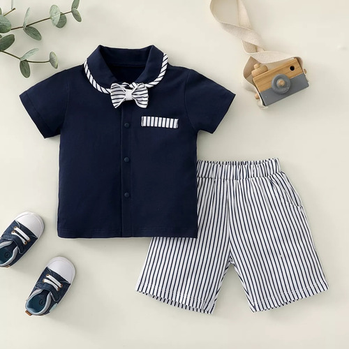Conjunto Casual Traje Elegante De Verano Para Bebé Con Moño Azul Marino 3-6 Meses