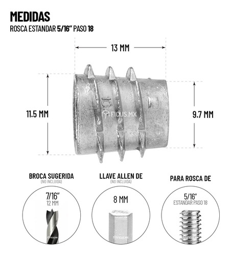Tuerca Inserto Para Madera 5/16 X 13 Mm Sin Tope 100 Uds
