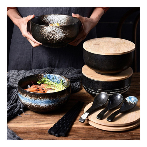 Ramen Bowl 1500ml Con Tapa Y Cuchara Platos Sopa Para