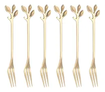 Comprar Set X 6 Tenedores Copetin Acero Diseño Hojas Doradas