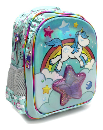 Mochila Primaria Unicornio Arcoiris Estrella Con Glitter