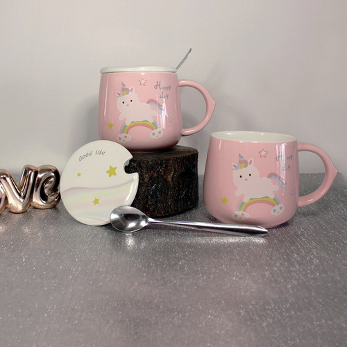 Ajooy Taza Cerámica Rosa Con Tapa Cuchara Unicornio Arcoíris