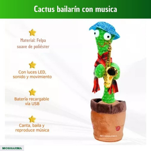 Juguete Cactus Bailarín Mosharma Peluche Luminoso Con 120 Canciones Canta Baila Y Repite Voz