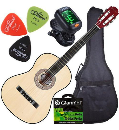 Kit Violão Acústico Cordas Nylon Com Capa Natural Waldman