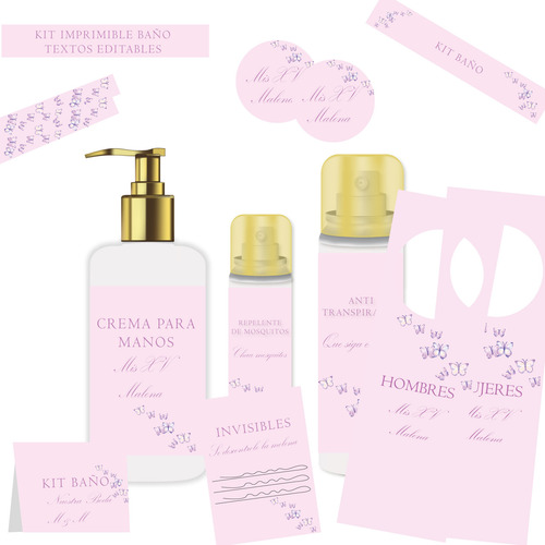 Kit Imprimible Baño Textos Editables Mariposas Rosa 15 Años