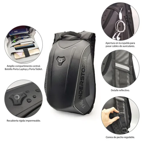 Mochila Porta Casco Impermeable Moto Kossok Thunder Storm Color Negro