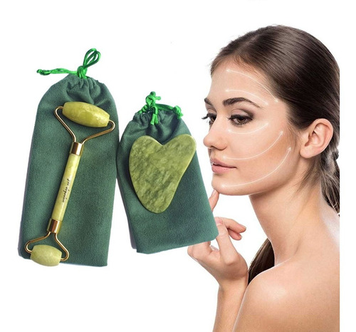Rolo Pedra Jade + Placa Gua Sha Coração Massagem Facial
