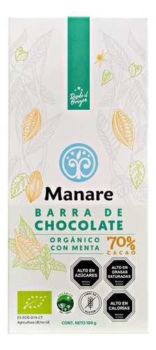 Barra De Chocolate Con Menta 70% Cacao - Manare 100g