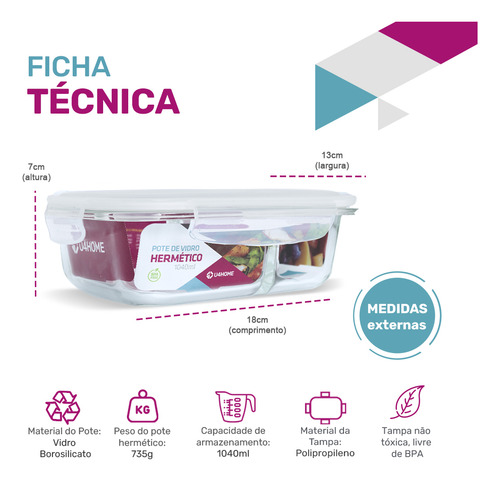 Kit 2 Potes Vidro Divisória Hermético Marmita 1040ml Cor Branco