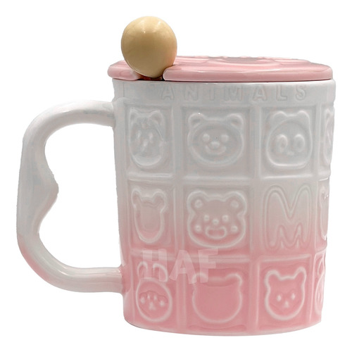 Taza De Cerámica Tapa Y Cuchara 350ml Animales Osito Gatito Rosa Pastel Animalitos