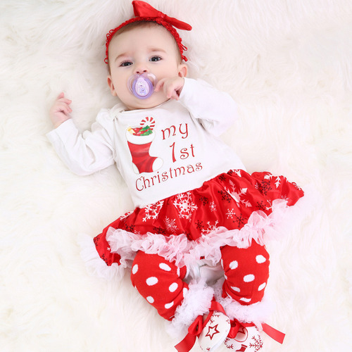 Navidad Mameluco Vestido Para Niña Con Diadema Traje 4piezas