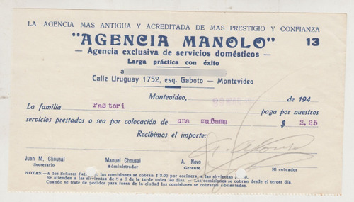 1946 Recibo Agencia Manolo Servicios Domesticos Montevideo