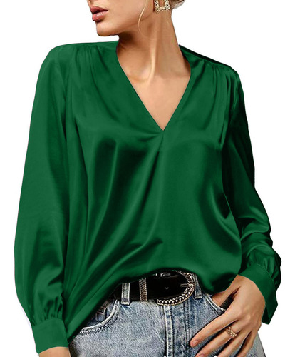 Blusa De Satén Plisada Con Cuello En V, Holgada, Larga, L, P