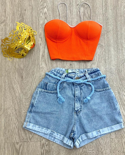 Kit Cropped Carnaval + Short Jeans Cordão Azul Cintura Alta 