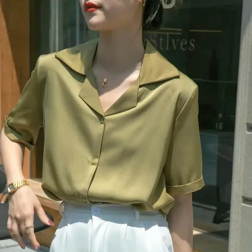 Camisa De Manga Corta De Sat n Verde Oliva Para Mujer Blusa