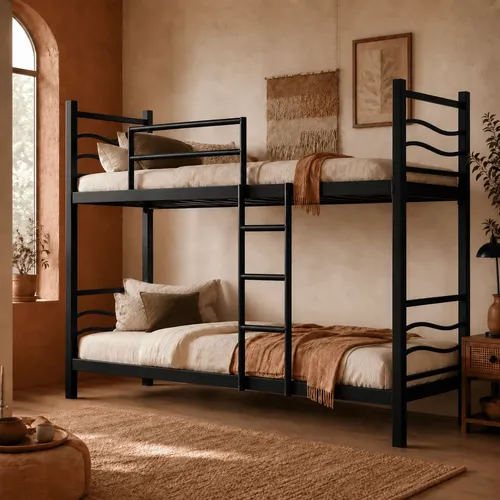 Cama Beliche De Aço Reforçada Solteiro Com Escada E Grades Preta Ondulada