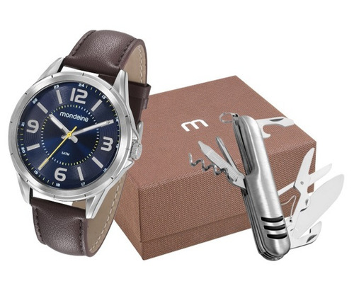 Kit Relógio Masculino Com Canivete Mondaine Pulseira De Couro 53700g0mgnh2k1 - Garantia De 1 Ano E Nota Fiscal