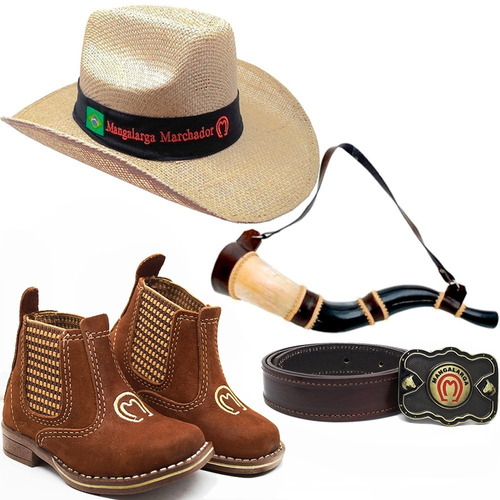 Kit Infantil Botina Country + Berrante + Chapeu + Cinto Luxo