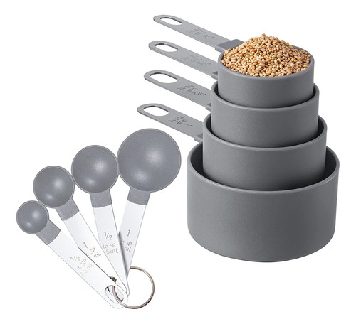 Jogo Kit 8 Peças Medidor Culinário Colher Copo Em Aço Inox Cor Cinza