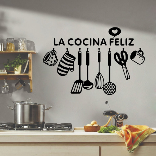 Vinil Decorativo Para Pared Frases Letras La Cocina Feliz Color Negro