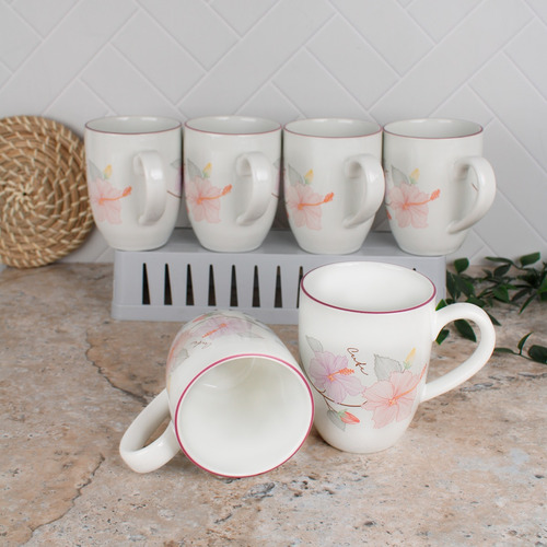 Juego 6 Tazas Decoradas Flores Cerámica 380 Ml Vencort Color Blanco Acapulco