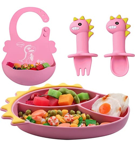 Set De Vajilla Silicona Bebe Sin Bpa Succion Plato Babero