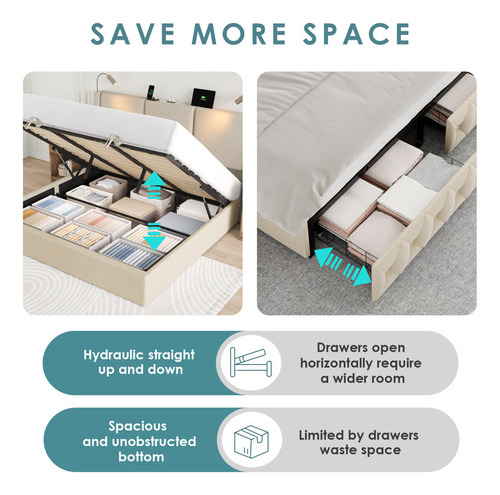 Base De Cama King Size Con 2 Luces De Lectura Color Beige