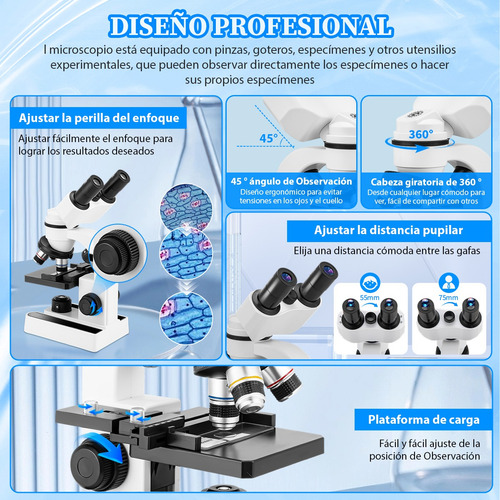 Kit De Microscopio Óptico Acromático Binocular 1600x Con Luz