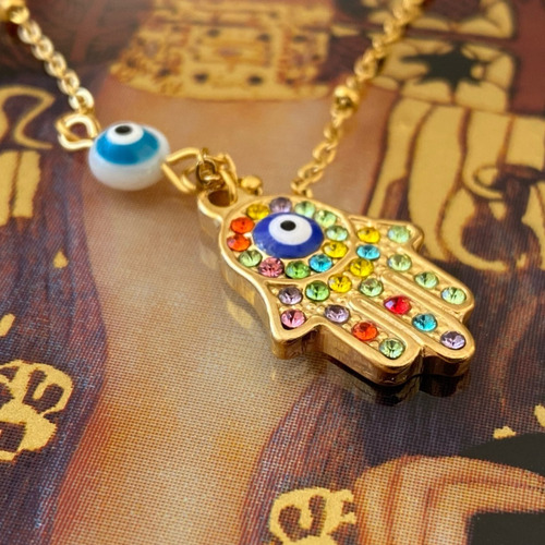 Imagen 8 de 8 de Ojo Turco Mano De Fatima Dije Collar Mujer Protección Acero